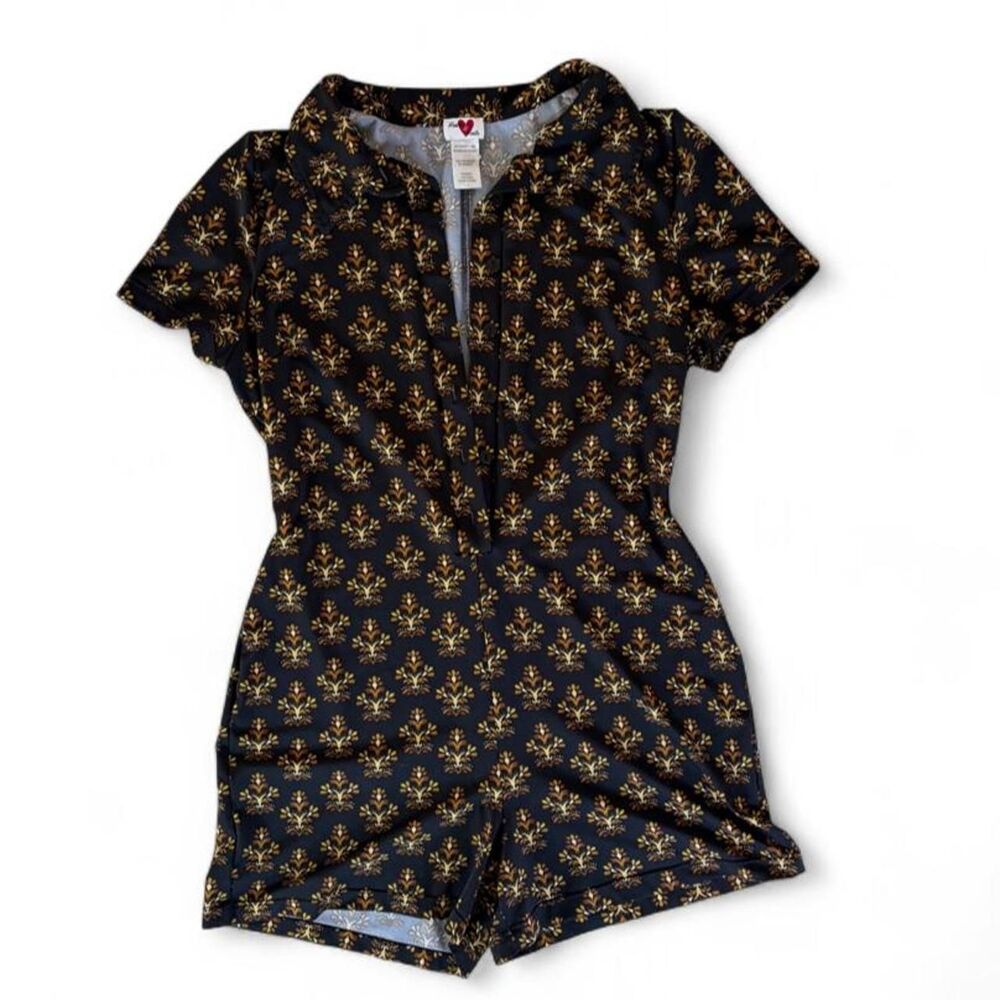 Baddie y2k Heart and Heels black playsuit with ornate pattern